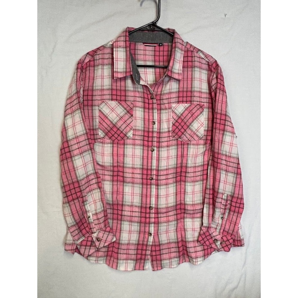 Tommy Hilfiger Pink White Plaid Flannel Button Down Shirt Womens Medium